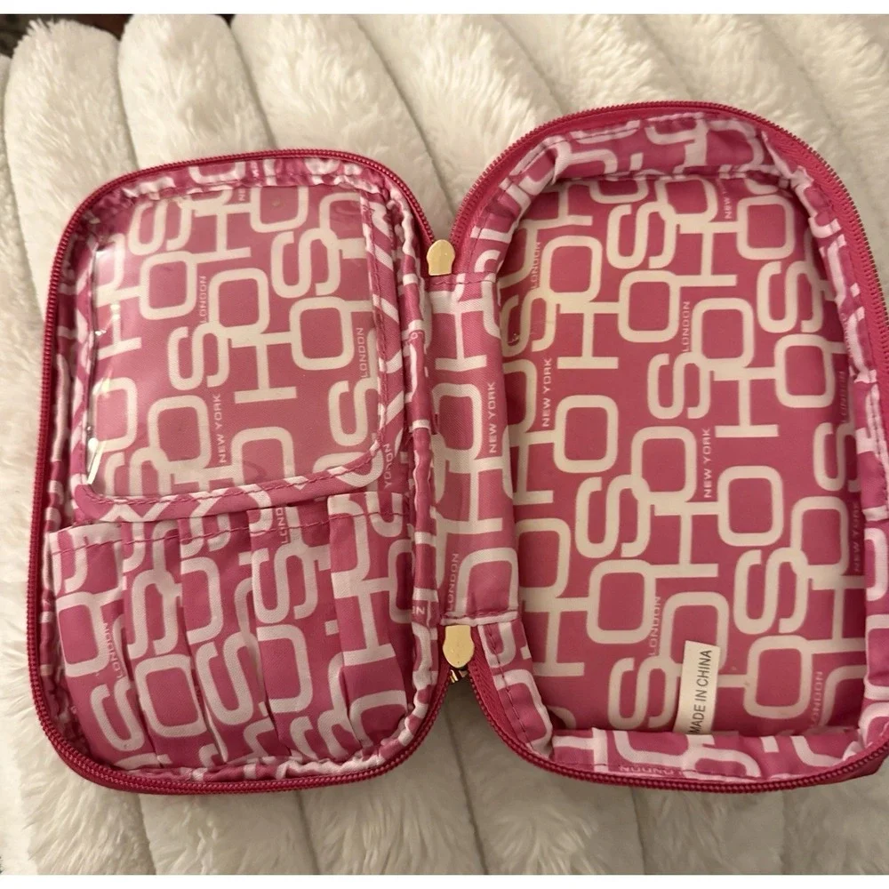 Soho London New York Makeup Bag Pink Orange Striped Travel Cosmetic‎ Case Zip